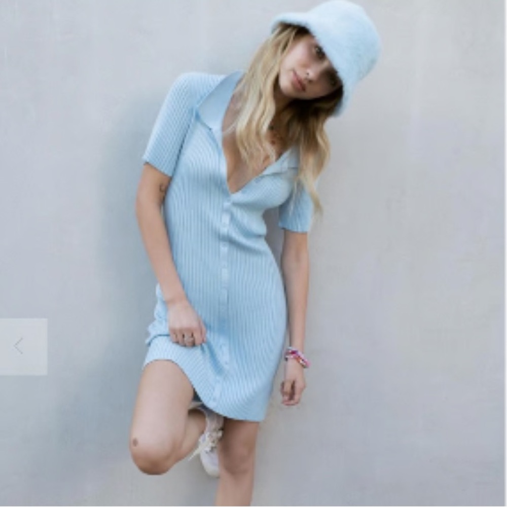 Urban Outfitters Blue Buttoned Ribbed Polo Mini Dress